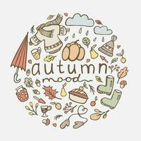 Autumn. Vector doodle illustration with lettering in a circle. Autumn mood