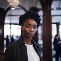 hermosa africano americano negro mujer con biblioteca en fondo, generativo ai foto