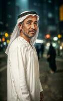 rich arab businessman in Traditional White Outfit in night street background, generative AI photo