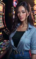 hermosa asiático mujer con lujo vestir en grandioso casino juego, generativo ai foto