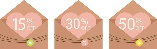 Cute flyer, poster, poster, sticker, postcard with craft envelope with coupon. Heart, coupon, discount, promotions. Voucher. Event coupon. Ready example, template, poster. Web banner. vector
