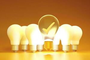 Light bulb with check mark on a golden background. Validation and Authentication photo