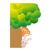 Cute cartoon Monkey and Rabbit hiding behind the tree. Playing hide and seek. Cartoon animal character. Illustration, Vector, EPS10 vector