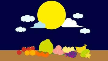dibujos animados mediados de otoño festival dibujo. lleno mesa de festival celebracion comida y Fruta juntos con lleno Luna con nubes plano diseño fondo de pantalla, vector, ilustración, eps10 vector