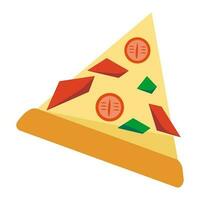 Cartoon Triangle Slice of Italian Pizza with basil, salami and cheese. Icon isolated on white background. Illustration, Vector, EPS10 vector