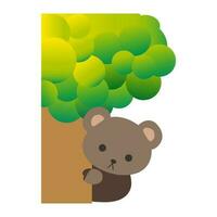 Cute cartoon teddy bear hiding behind the tree. Playing hide and seek. Cartoon animal character. Illustration, Vector, EPS10 vector