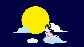 Cartoon Chang'e flying to the moon above clouds. Asian moon goddess of mid-autumn festival fairytale story. Flat design wallpaper, vector, illustration, EPS10 vector