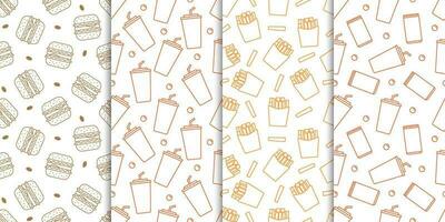 Fast food burger, soft drink, french fries seamless pattern vector collection