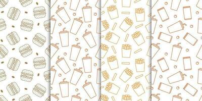 Fast food burger, soft drink, french fries seamless pattern vector collection