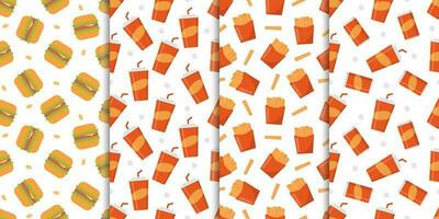 Fast food burger, soft drink, french fries seamless pattern vector collection