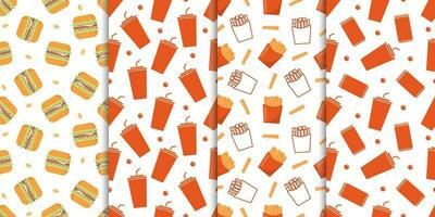 Fast food burger, soft drink, french fries seamless pattern vector collection