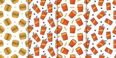 Fast food burger, soft drink, french fries seamless pattern vector collection