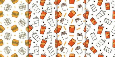 Fast food burger, soft drink, french fries seamless pattern vector collection