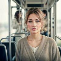 hermosa mujer en pie dentro público autobús transporte, generativo ai foto