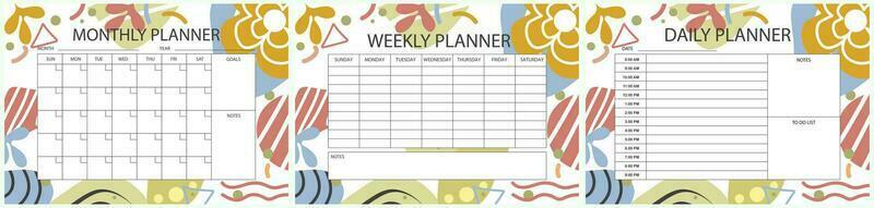 Modern Printable planner template set. Set of  Monthly, weekly, daily planner template with notes, goals and to do list. Schedule, Agenda, Weekly Overview, Journal, Organizer, Vector illustration