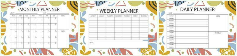 Printable planner template set. Set of  Monthly, weekly, daily planner template with notes, goals and to do list. Weekly Overview, Schedule, Agenda, Journal, Organizer, Vector illustration