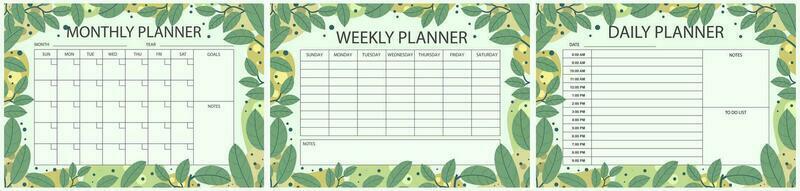 Vector printable planner template set. Set of  Monthly, weekly, daily planner template with notes, goals and to do list. Business organizer page, Notebook paper isolated, Vector illustration