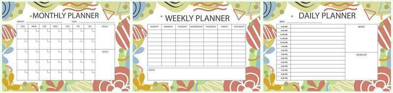 Printable planner template set. Set of  Monthly, weekly, daily planner template with notes, goals and to do list. Schedule, Agenda, Weekly Overview, Journal, Organizer, Vector illustration