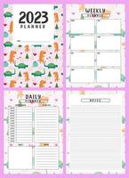 Printable planner template set with dinosaurs background. cover, weekly, daily planner template with notes, goals and to do list. Notebook page isolated, organizer page, Vector illustration