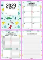 Printable planner template set with dinosaurs background. cover, weekly, daily planner template with notes, goals and to do list. Business organizer page, Notebook isolated, Vector illustration