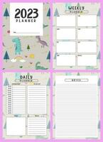 Printable planner template set with dinosaurs background. cover, weekly, daily planner template with notes, goals and to do list. Business organizer page, Notebook page isolated, Vector illustration