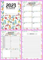 Printable planner template set with dinosaurs background. cover, weekly, daily planner template with notes, goals and to do list. Schedule, Weekly Overview, Journal, Organizer, Vector illustration