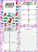 Printable planner template set with dinosaurs background. cover, weekly, daily planner template with notes, goals and to do list. Schedule, Agenda, planner Overview, Vector illustration