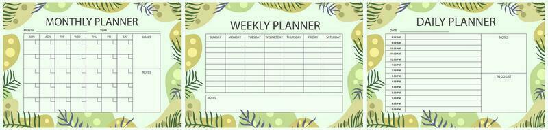 Vector printable planner template set. Set of  Monthly, weekly, daily planner template with notes, goals and to do list. Schedule, Agenda, Weekly Overview, Journal, Organizer, Vector illustration