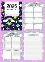 Printable planner template set with dinosaurs background. cover, weekly, daily planner template with notes, goals and to do list. Schedule, Agenda, planner Overview, Journal, Vector illustration