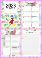 Printable planner template set with dinosaurs background. cover, weekly, daily planner template with notes, goals and to do list. Notebook page, Business organizer page Vector illustration