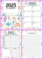 Printable planner template set with dinosaurs background. cover, weekly, daily planner template with notes, goals and to do list. Weekly Overview, Schedule, Organizer, Vector illustration