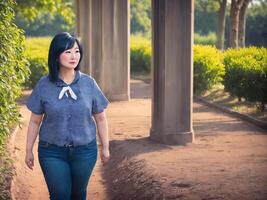 gordito curvilíneo medio Envejecido mujer a el Fresco verde parque, generativo ai foto