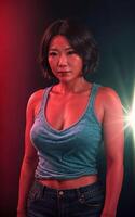 portrait photo of beautiful middle aged asian woman in dark room with light in background,