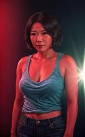 portrait photo of beautiful middle aged asian woman in dark room with light in background, generative AI