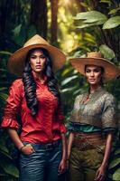 beautiful adventure latin woman with jungle forest in the background, generative AI photo