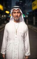 rich arab businessman in Traditional White Outfit in night street background, generative AI photo