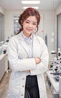 photo of asian woman in white lab coat at modern laboratory, generative AI