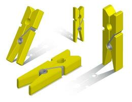 set of realistic yellow clothespins in different positions. Care and washing of clothes. 3d vector on white background