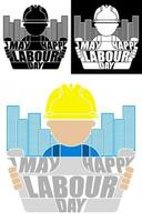 construcción obrero, arquitecto examina edificio plan diagrama en protector casco con con un inscripción labor día mayo 1er. negro y blanco vector