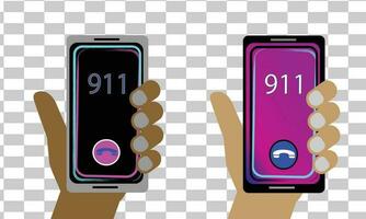 Various Smartphone and Hand Illustration with 911 Emergency call and neon colorful concept vector