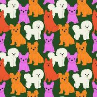 Dogs of different breeds and colors on a green background. Seamless vector bright pattern.Abstract ornament with pets.