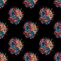 Bright Chinese dragon on a black background seamless pattern. Vector endless ornament for fabric,wrapping paper, cards and other materials.