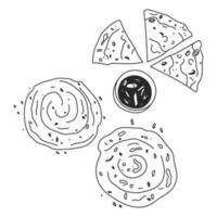 Hand drawn green onion pancakes. Black and white scallion pancakes illustration vector