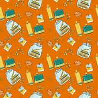 Autumn cozy home elements seamless pattern, endless texture. candle and cookies in pot. Flat hand drawn vector illustration. Copy paste