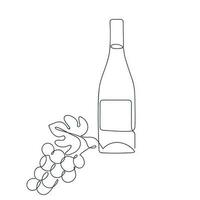 Bottle and grape drawn in one continuous line. One line drawing, minimalism. Vector illustration.