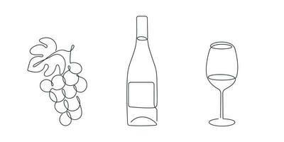 Wine set grape, bottle, wine glass drawn in one continuous line. One line drawing, minimalism. Vector illustration.