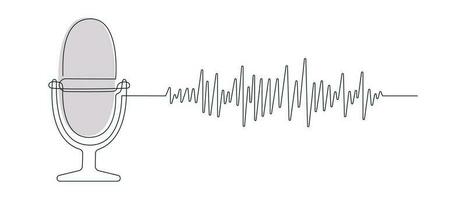 Podcast microphone with audio track drawn in one continuous line in color. One line drawing, minimalism. Vector illustration.