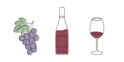 Wine set grape, bottle, wine glass drawn in one continuous line in color. One line drawing, minimalism. Vector illustration.