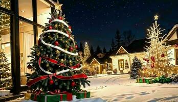 Outdoor Christmas Decorations and a Beautifully Decorated Christmas Tree ai generated photo