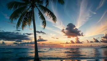 cautivador lapso de tiempo silueta de Coco palma arboles en el asombroso puesta de sol cielo terminado el mar ai generado foto